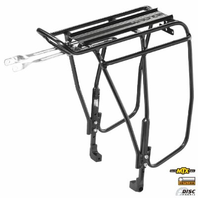 Black TOPEAK Uni Super Tourist DX rear bicycle rack for disc brakes shown on a white background.