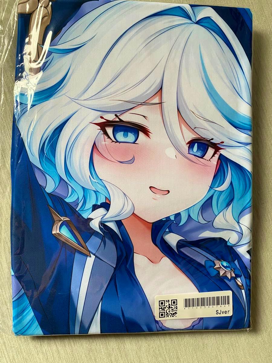 Front photo of the polyester pillow cover (SJver.) showing the illustrated character's face and upper torso, folded and packaged with a barcode sticker.