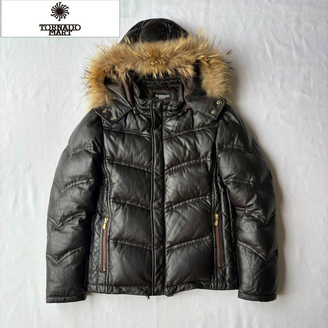 TORNADO MART lambskin hooded leather down jacket with fur-trimmed hood laid flat on a white background.