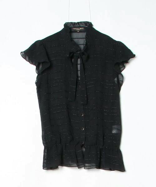 Black sleeveless women's blouse by TORNADO MART with a tie-neck and ruffled hem hanging on a hanger against a white background.