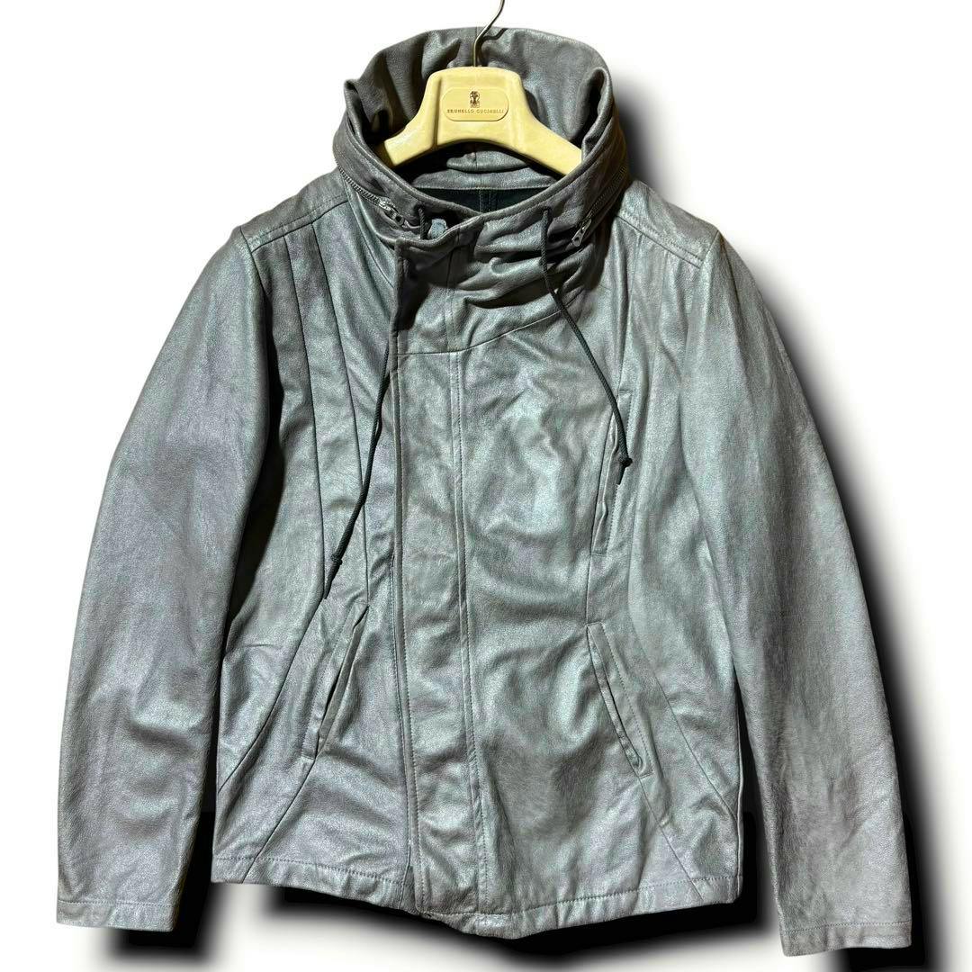 Front view of the men's polyester coating jacket on a hanger showing the high funnel collar, zipper, and front pockets.