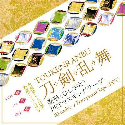 Packaging artwork showing the patterned rhombus PET masking tape and the product title in Japanese and English.