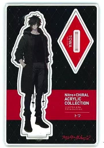 Packaged acrylic decorative stand of the character Towa shown with its diamond-shaped base on a black-and-red backing card.