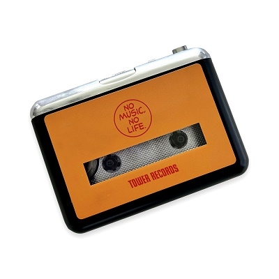 Yellow TOWER RECORDS cassette player front showing a cassette-window design with the "NO MUSIC, NO LIFE" logo and TOWER RECORDS text.