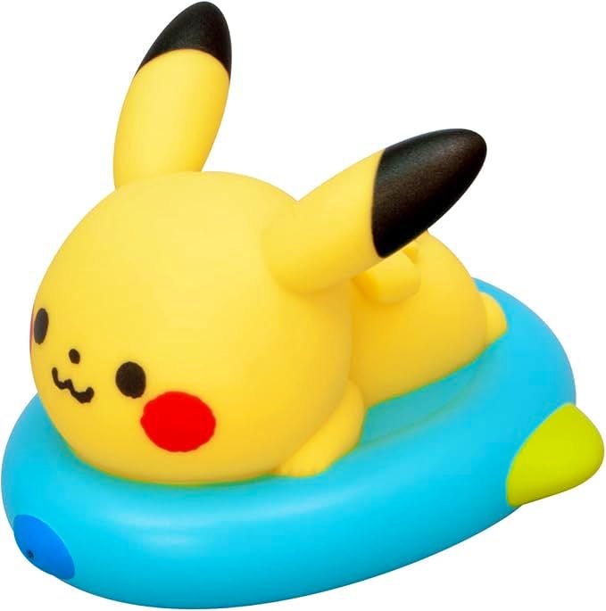 Yellow Pikachu bath water toy sitting on a blue boat for bath or water play.