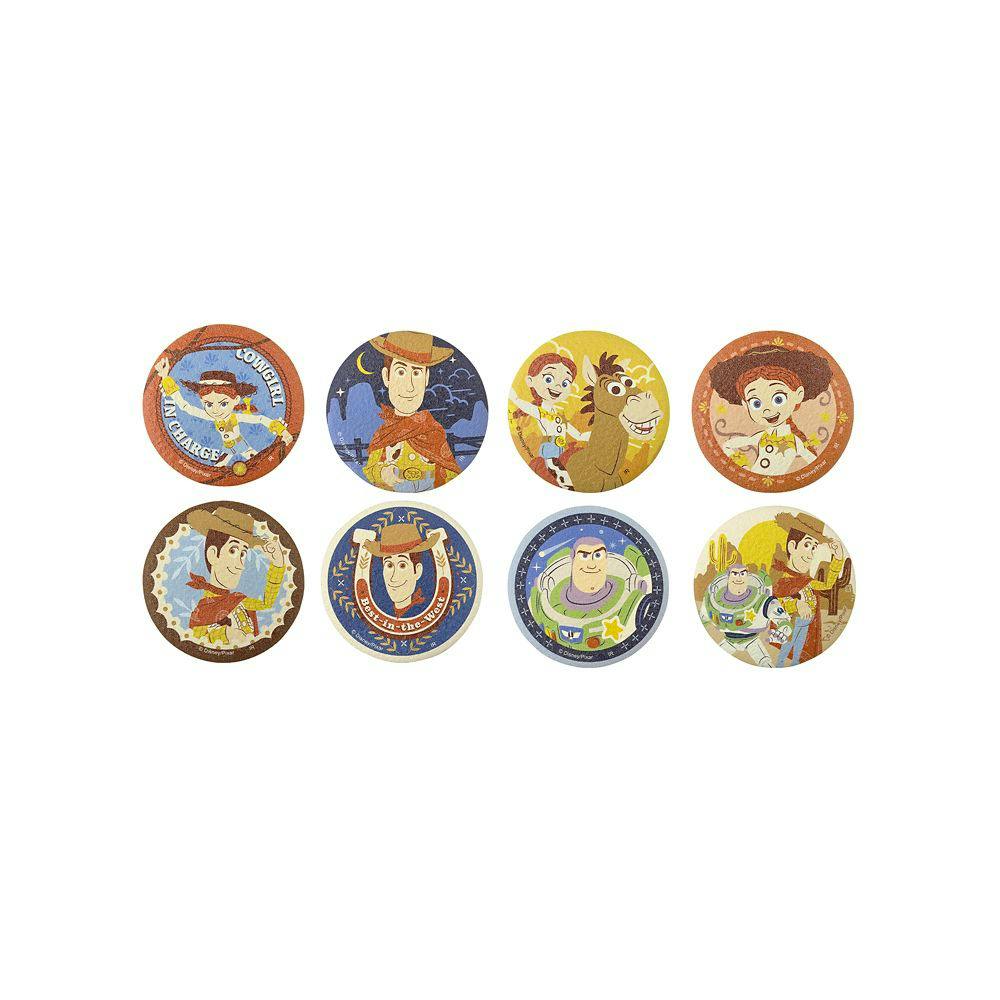 Eight round Toy Story can badges with various character illustrations arranged in two rows on a white background.