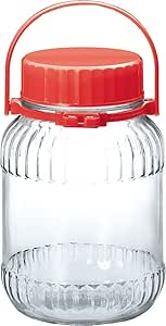 Clear glass 3-liter storage container (plum wine bottle) with a ribbed body and a red screw-on lid with carrying handle.