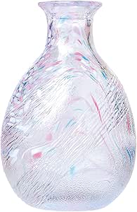 Clear textured glass tokkuri (sake bottle) with a swirl pattern and pink and blue accents.