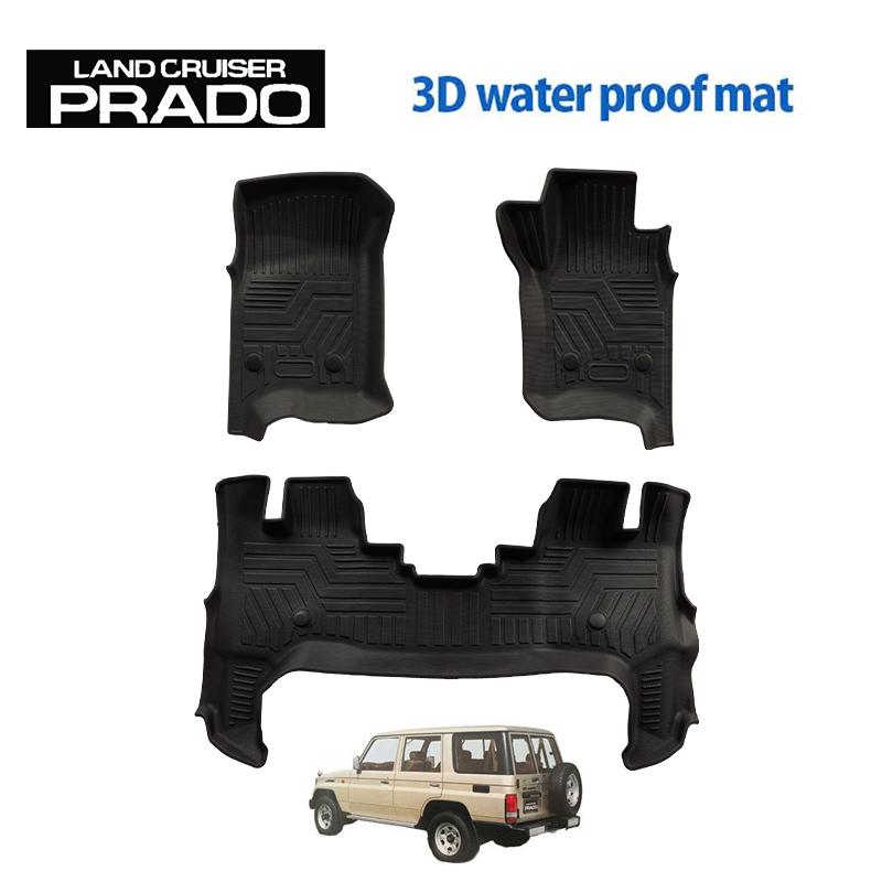 Three black 3D floor mat pieces for a Land Cruiser Prado 78 displayed on a white background.