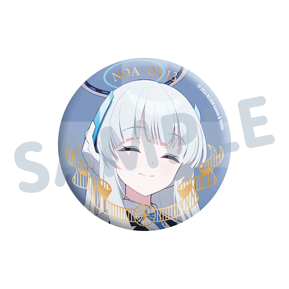Round can badge featuring a smiling white-haired illustrated character on a blue background.