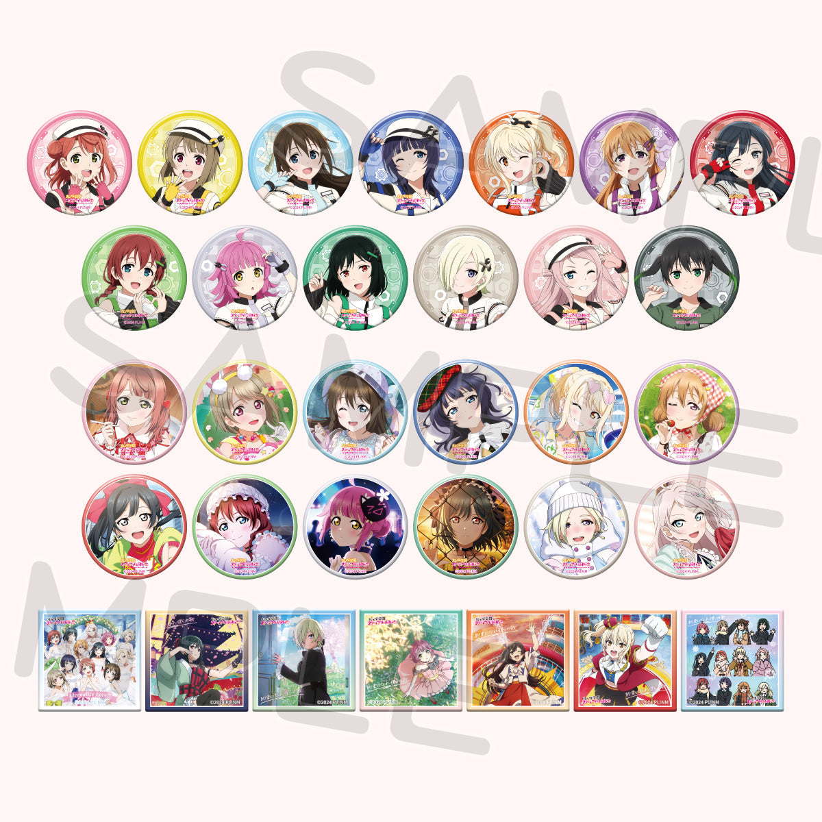Sample image showing 32 round trading can badges with various character illustrations arranged in rows and small square inserts along the bottom.