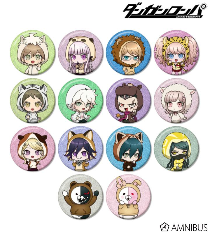 Fifteen round glitter can badges showing chibi characters in animal parkas arranged in a grid.