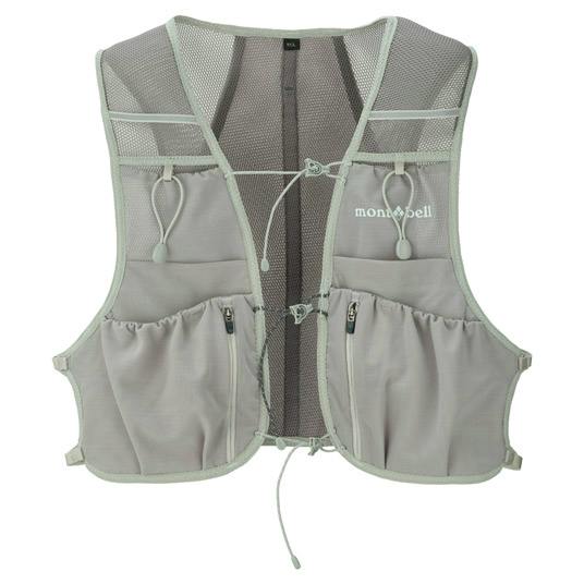 Front view of a light gray polyester trail vest with mesh panels, multiple front pockets, and drawstring closures.