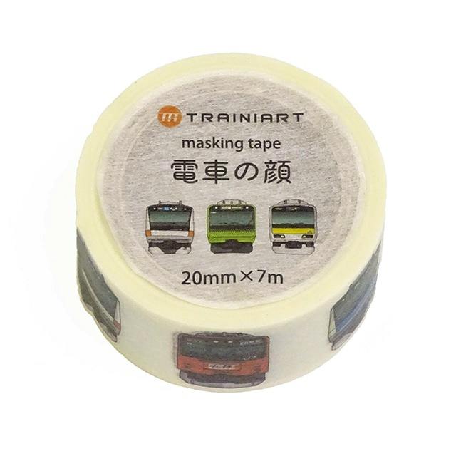 A roll of masking tape showing printed train faces with a label reading masking tape and Japanese text.