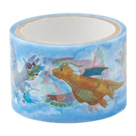 Roll of transparent masking tape printed with flying dragon-like creatures on a blue sky background.