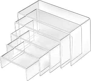 Five clear U-shaped transparent acrylic display stands nested together.