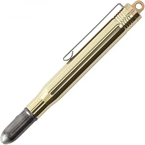 Solid brass Travelers Company ballpoint pen with pocket clip on a white background.