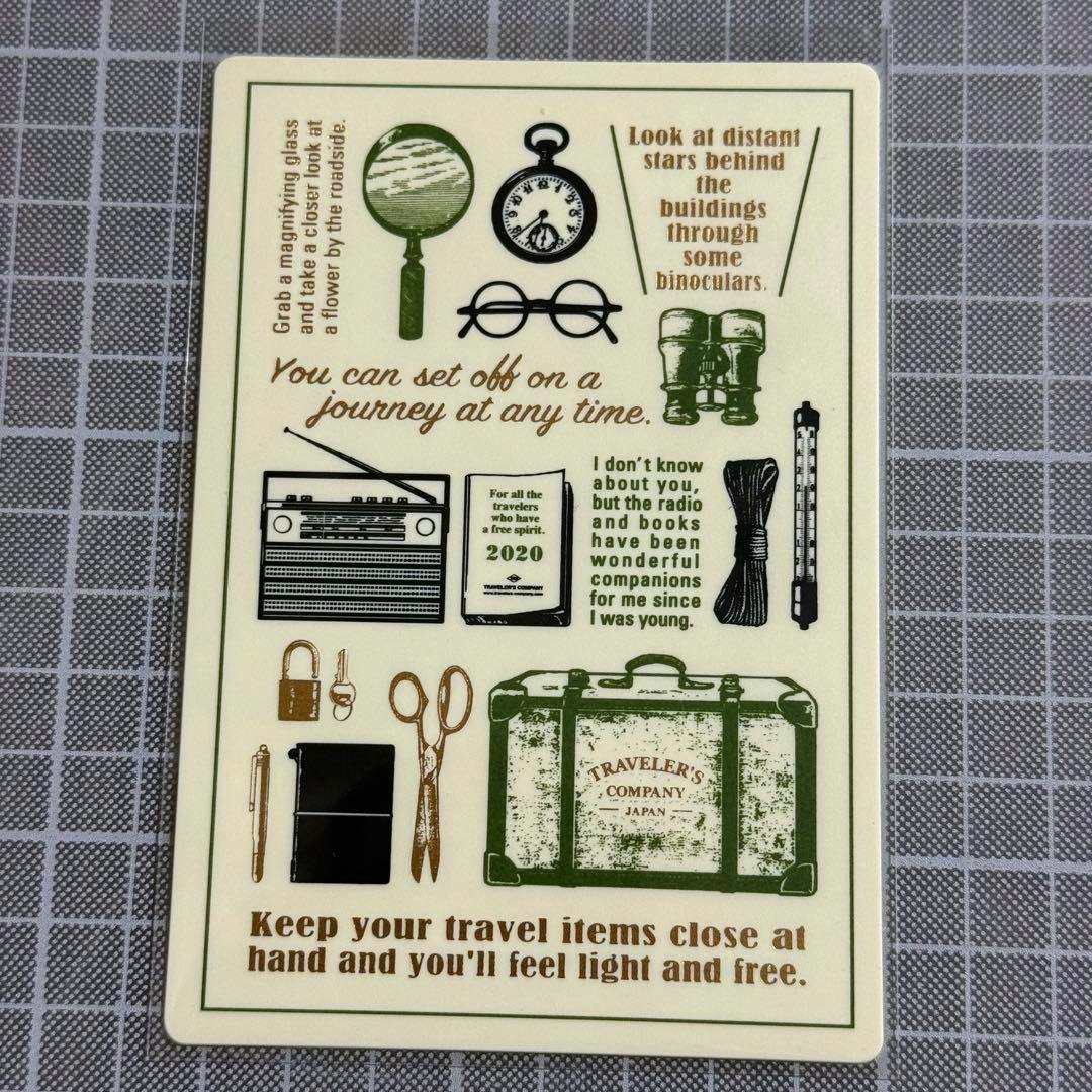 Passport-size plastic mat showing travel-themed illustrations and printed travel text.