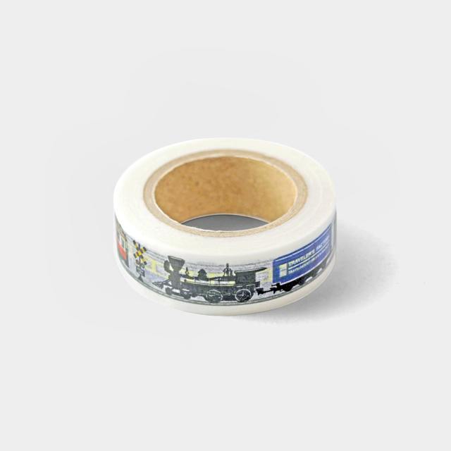 A roll of 15mm masking tape showing a printed train pattern on the tape.