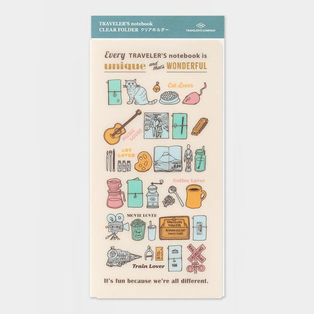 Packaged clear file folder showing a decorative printed front with small colorful travel-themed illustrations and a teal header label.