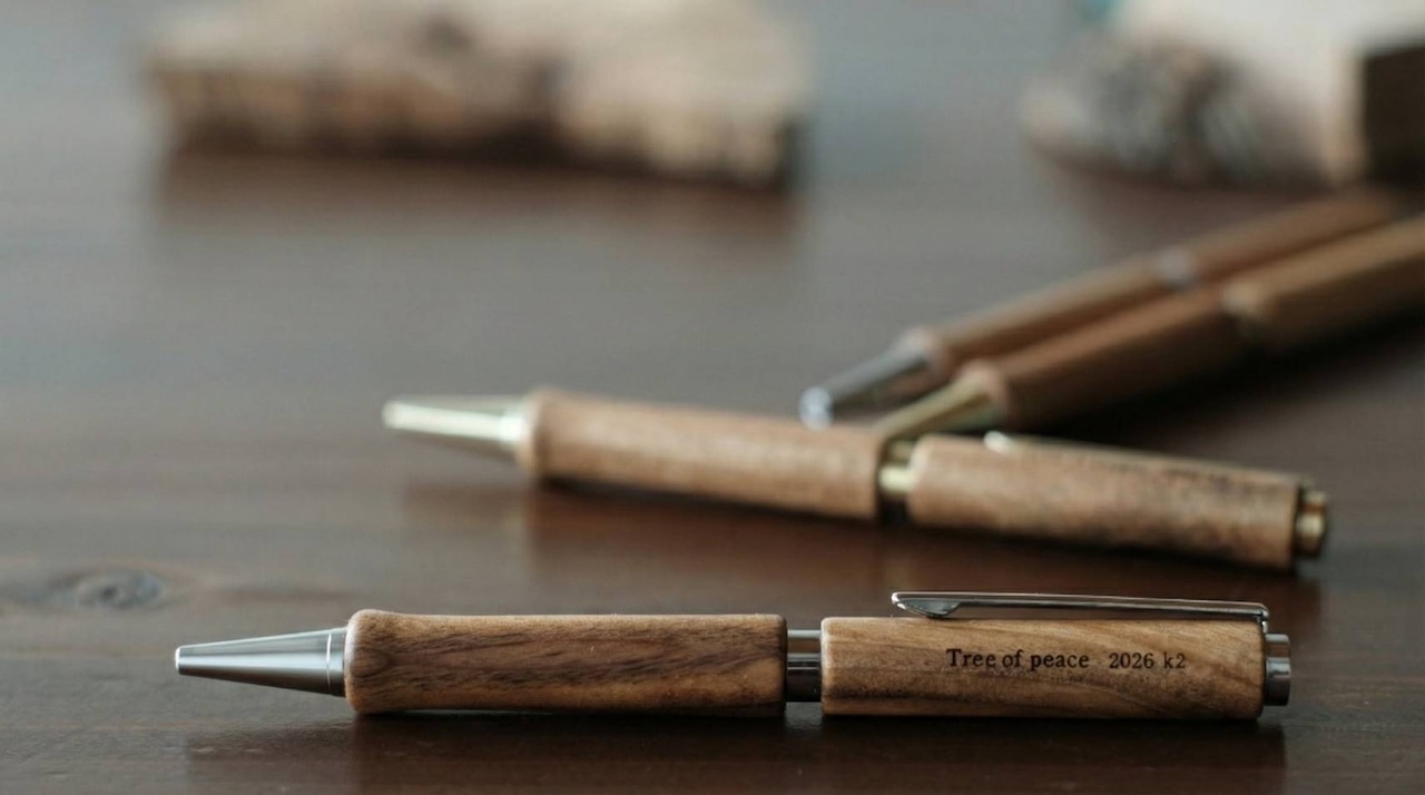 Close shot of three wooden Tree of Peace ballpoint pens on a wooden surface, one showing engraved text.