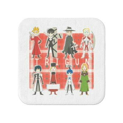 A square white mini towel showing printed chibi-style characters arranged over a red checked background.