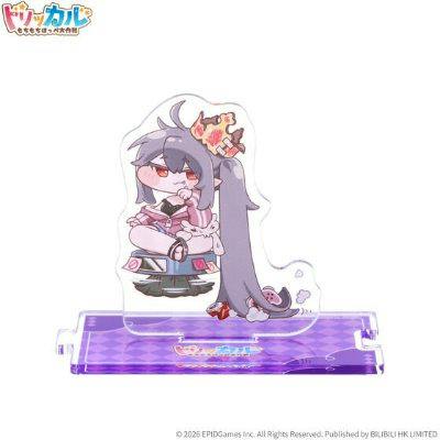 Acrylic stand depicting the product character with long hair and a crown on a purple rectangular display base.