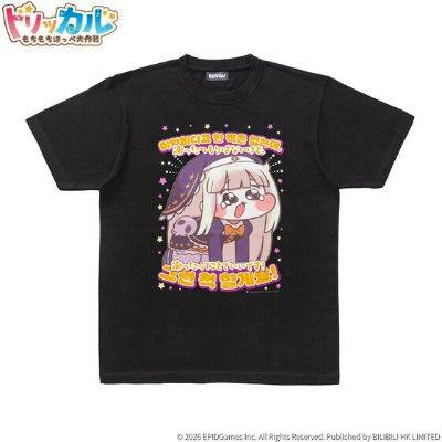 Black cotton T-shirt with a colorful chibi character graphic and Japanese text on the front.