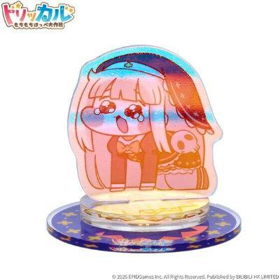 A clear product photo of the acrylic rotating stand with character artwork on a round printed base.