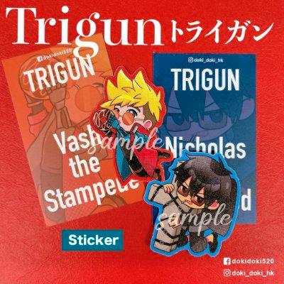 Several TRIGUN STAMPEDE character stickers, including designs labeled Vash the Stampede and Nicholas, displayed on a red background with TRIGUN text.