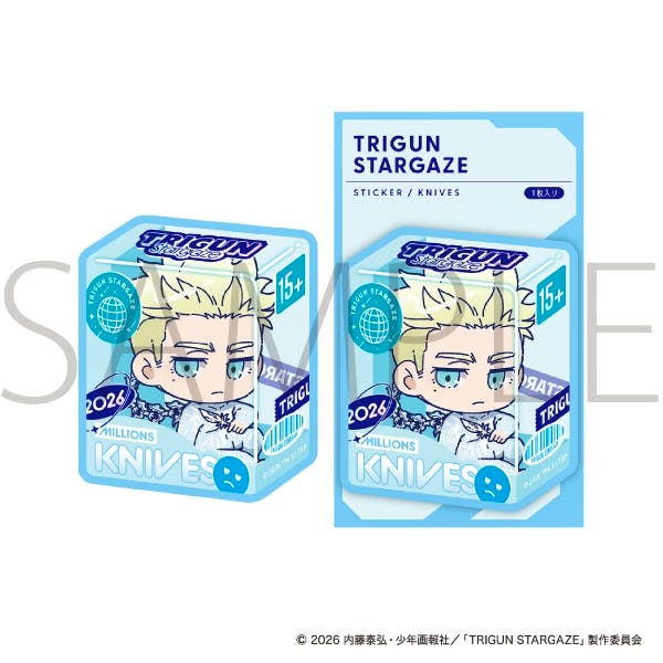 Packaged paper sticker showing a chibi Knives character from TRIGUN STARGAZE in blue-themed packaging.