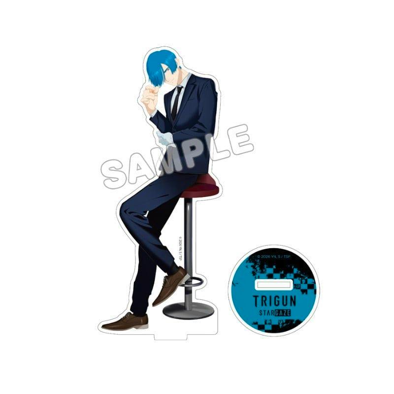 Acrylic stand depicting Legato Bluesummers in a suit seated on a stool with the round TRIGUN STARGAZE base beside it.