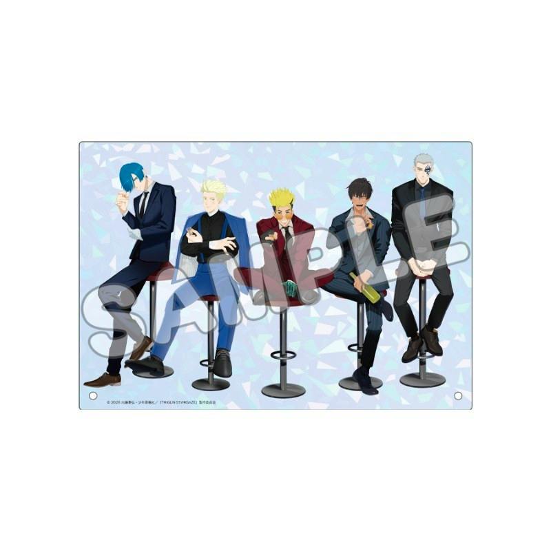 Rectangular acrylic art panel printed with five TRIGUN characters seated on stools against a light geometric background, with a SAMPLE watermark.