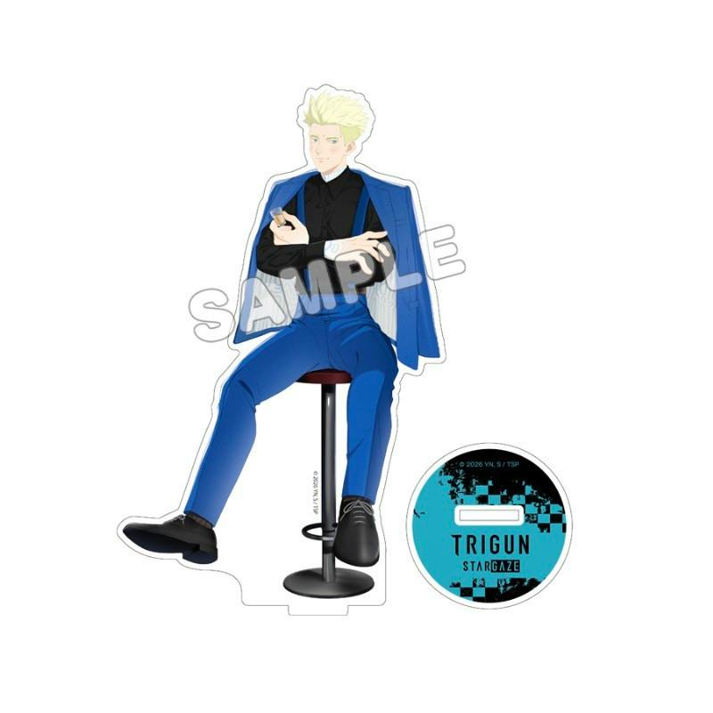 A TRIGUN STARGAZE acrylic character stand (ミリオンズ・ナイヴズ) depicting the character seated on a stool with the circular printed base.