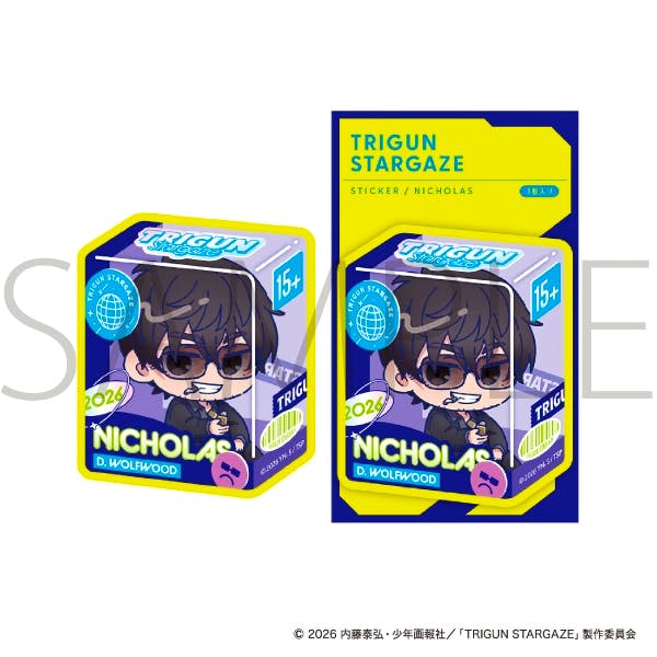 Two views of the TRIGUN STARGAZE Nicholas chibi paper sticker, one loose and one shown on its retail backing.