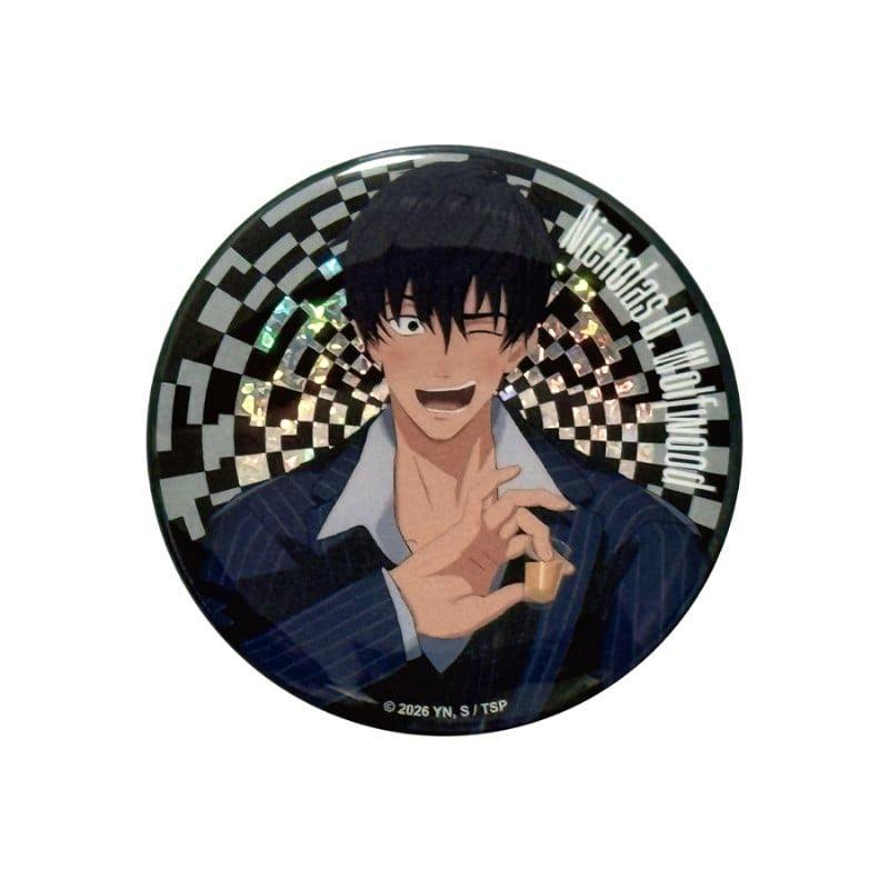 Round metallic can badge front showing an illustrated Nicholas D. Wolfwood winking and holding a small object against a holographic checkered background.