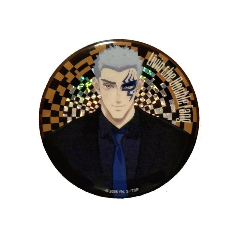 Round metallic badge showing an illustrated character with short gray hair and a facial marking over one eye, wearing a dark suit and blue tie against a holographic checkered background.