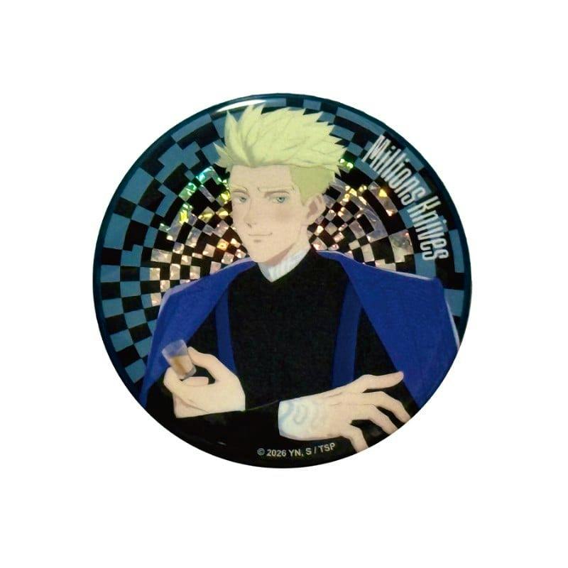 Round metallic can badge of TRIGUN STARGAZE character Millions Knives on a holographic checkered background.
