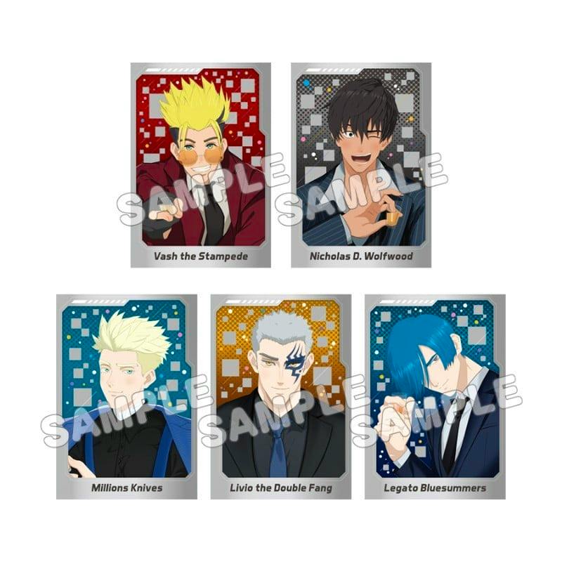 Five metallic TRIGUN STARGAZE trading cards (full set of five) displayed with character illustrations and "SAMPLE" watermarks.