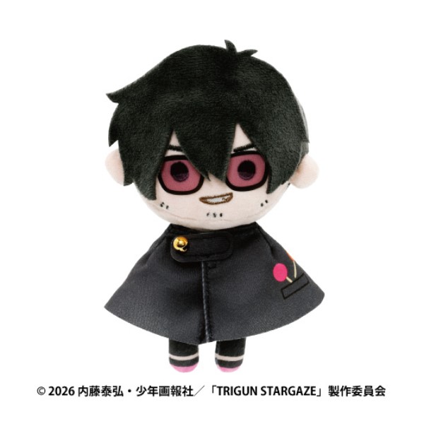 Front view of the TRIGUN STARGAZE Nicholas D. Wolfwood plush mascot keychain wearing a black cape.