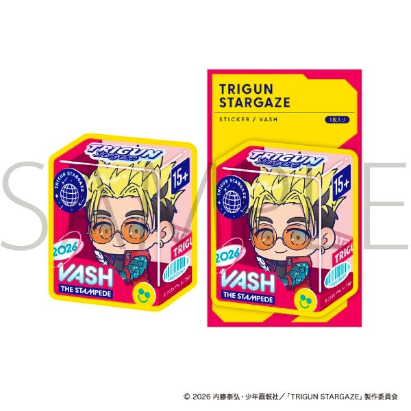 A chibi Vash TRIGUN STARGAZE paper sticker shown alongside its card-style packaging on a white background.
