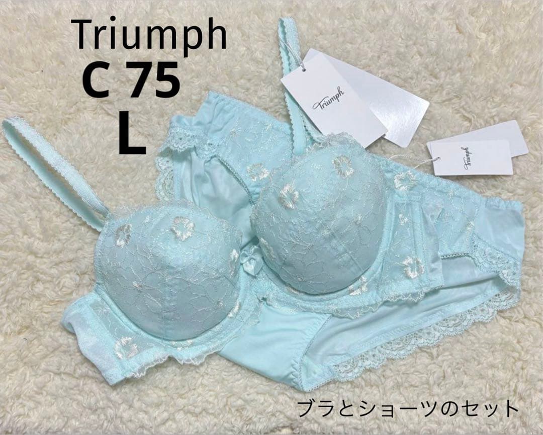 Light blue Triumph bra and matching panties laid flat on a surface with product tags visible.