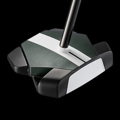 Close-up of the TRTL Square 2 Square golf putter head with shaft inserted shown against a black background.