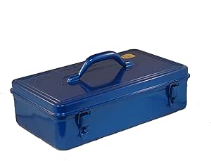 Blue metal trunk-style tool box with a carry handle and two front latches on a white background.