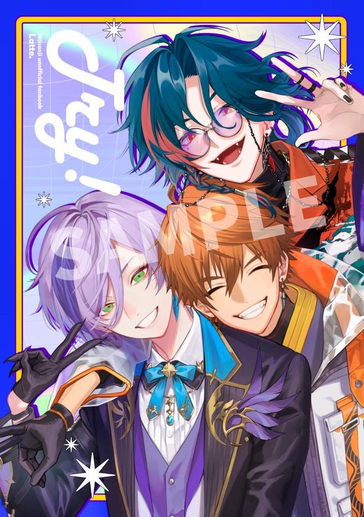 Comic book cover illustration showing three stylized characters posing and smiling with a large SAMPLE watermark.