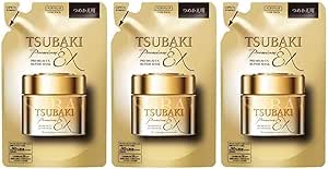 Three identical packaged Tsubaki Premium EX Repair Mask refill pouches shown side by side.
