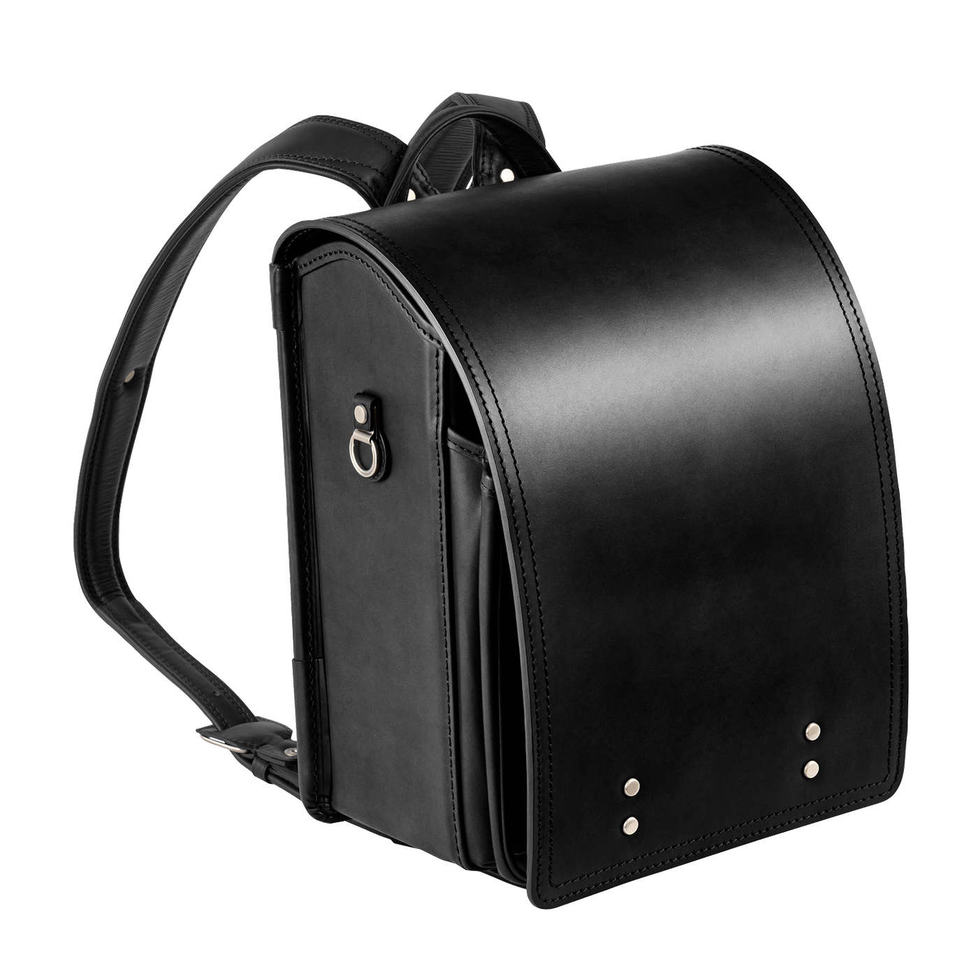 Close-up of the black cow leather bag showing the front flap, side panel, and shoulder strap.