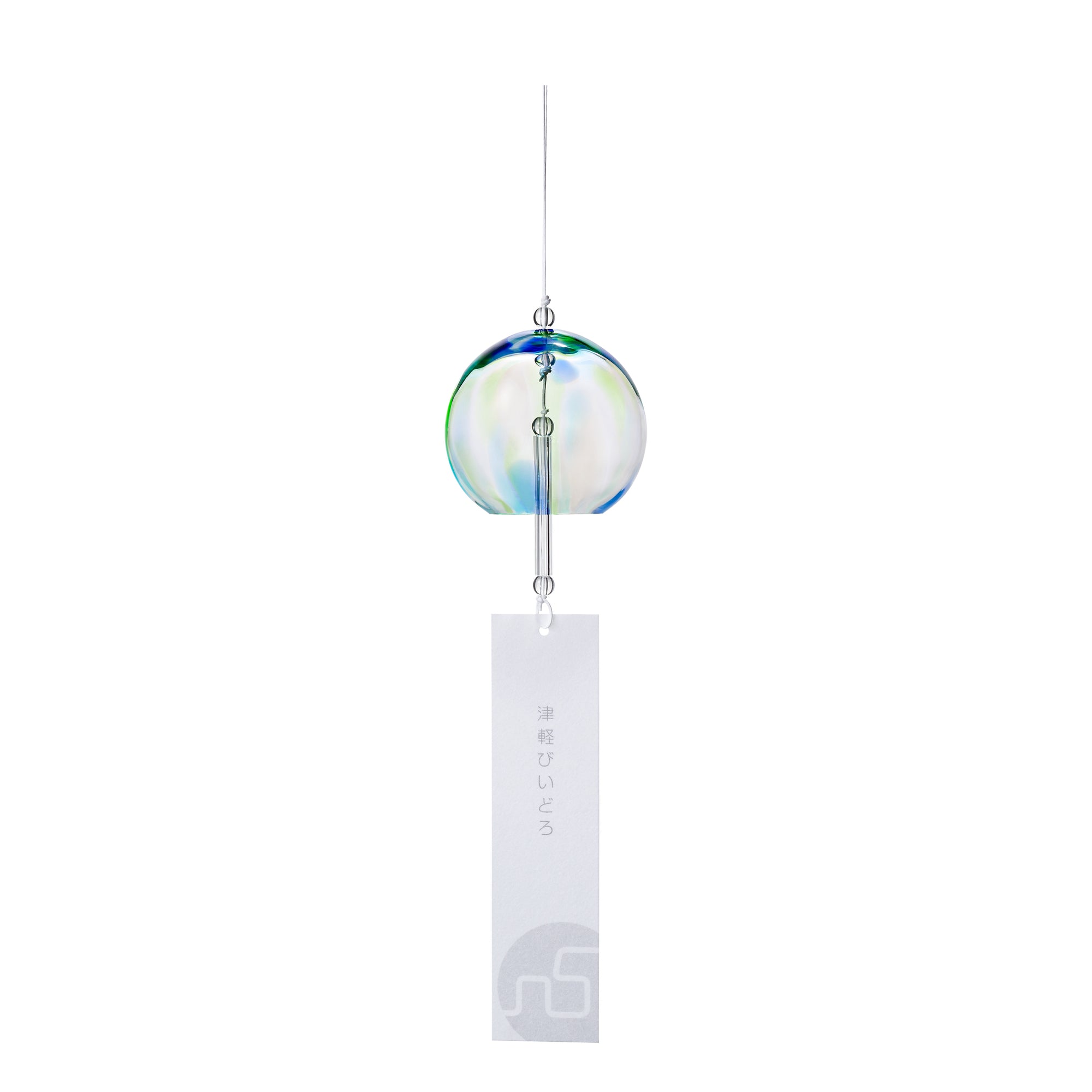A glass wind chime with a blue-green spherical bell and a white hanging strip on a white background.