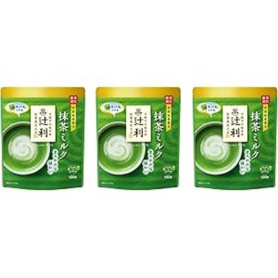 Three packs of Tsujiri Matcha Milk instant matcha green tea in green front-facing packaging.