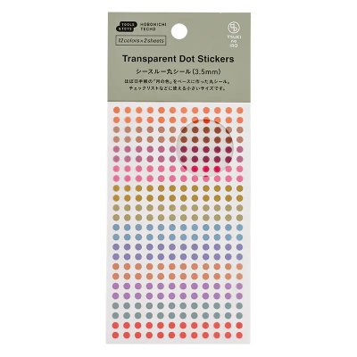 A packaged sheet of TSUKI no IRO transparent dot stickers with rows of small colored round stickers.